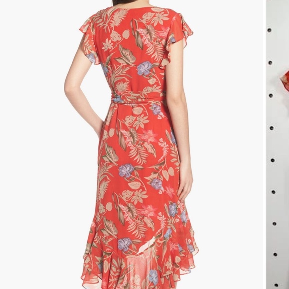 WAYF Clara Wrap Dress Botanical Red Print Floral High Low Ruffle Hem Size Medium - Picture 4 of 16